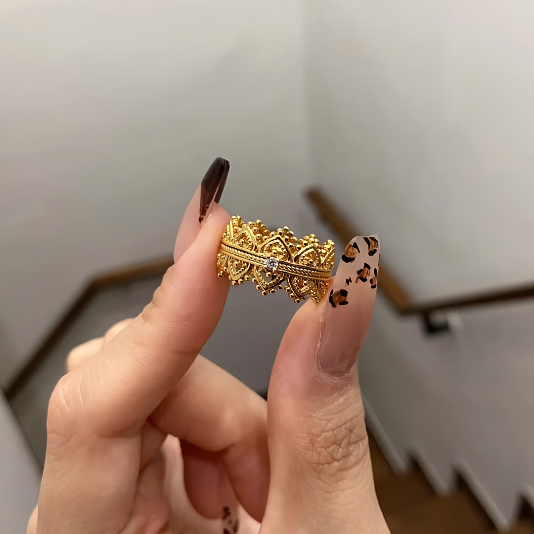 Boho Crown Open Ring with Rhinestone Accents